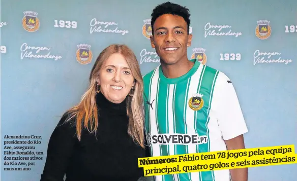  ?? ?? Alexandrin­a Cruz, presidente do Rio Ave, assegurou Fábio Ronaldo, um dos maiores ativos do Rio Ave, por mais um ano