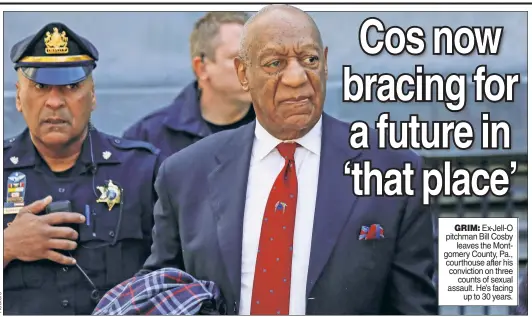  ??  ?? GRIM: Ex-Jell-O pitchman Bill Cosby leaves the Montgomery County, Pa., courthouse after his conviction on three counts of sexual assault. He’s facing up to 30 years.