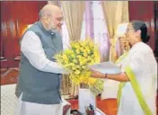  ?? PTI ?? West Bengal chief minister Mamata Banerjee with Union home minister Amit Shah at his office in New Delhi on Thursday.