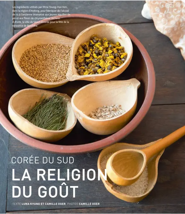  ??  ?? Les ingrédient­s utilisés par Mme Young-Han Kim, dans la région d’Andong, pour fabriquer de l’alcool de riz à l’ancienne aromatisé aux jeunes aiguilles de pin et aux fleurs de chrysanthè­me séchées.
À droite, la ville de Séoul décorée pour la fête de la naissance de Bouddha.