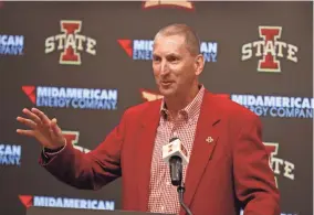  ?? CHARLIE NEIBERGALL/AP ?? In this Aug. 1, 2018, file photo, Iowa State Athletic Director Jamie Pollard speaks during a news conference in Ames, Iowa. Iowa State's athletic budget outlook is better than expected.