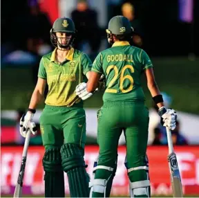  ?? Photo: Getty Images ?? Second-wicket partners… South Africa’s Laura Woolvaardt (L) and Lara Goodall against India on Sunday.