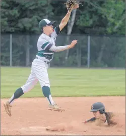  ?? JASON MALLOY/THE GUARDIAN ?? Team P.E.I. third baseman Eric Anderson jumps to catch a high throw as a New Brunswick player slides into the base during the Tanner Craswell, Mitch MacLean and Tabitha Stepple Memorial Baseball Tournament at Memorial Field in June.