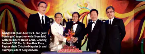  ??  ?? AGGI CEO chair Andrew L. Tan (2nd from right) together with (from left) GHK president David Chua, Genting Berhad CEO Tan Sri Lim Kok Thay, Pagcor chair Cristino Naguiat Jr. and RWMpreside­nt Kingson Sian.
