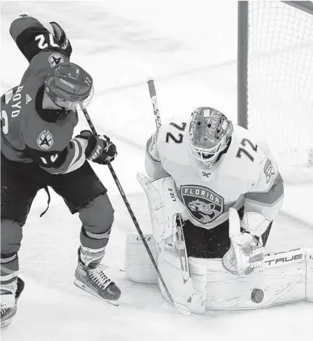  ?? ROSS D. FRANKLIN/AP ?? Panthers goaltender Sergei Bobrovsky makes a save on a shot by Coyotes center Travis Boyd during the first period Friday in Glendale, Ariz.