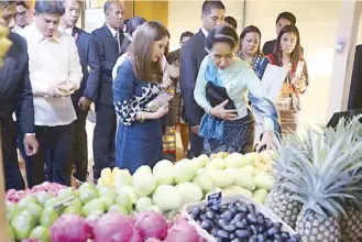  ??  ?? Suu Kyi takes interest in the Philippine fruits as well as native weaving traditions featuring piña fibers in Aklan and the T’boli’s t’nalak.