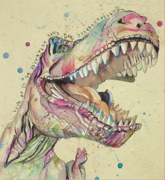  ?? ?? Tyrannosau­rus Rex, pen and wash on canvas, 15¾x15¾in. (40x40cm) prepared with Daniel Smith buff titanium watercolou­r ground.