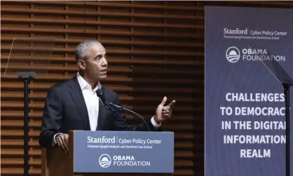  ?? ?? Former president Barack Obama speaking at Stanford University on Thursday. Photograph: Jessica Christian/AP
