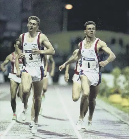  ??  ?? 0 Brian Whittle, wearing number three, crosses the finish line with Tom Mckean at Meadowbank stadium in 1991