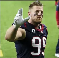  ??  ?? Former Houston Texans defensive end J.J. Watt, a five-time Allpro, waves to fans after his final game with Houston on Jan. 3