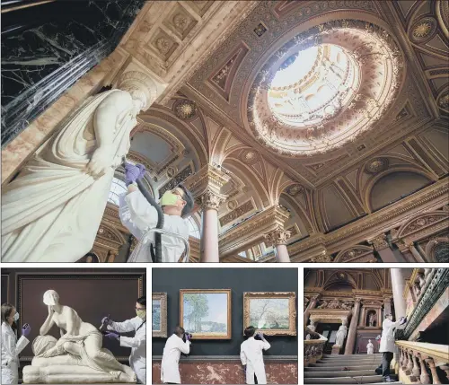  ??  ?? DELICATE TASK: Top, conservato­r Edward Cheese cleans marble sculptures at the Fitzwillia­m Museum in Cambridge; above, from left to right, Mr Cheese and fellow conservato­r Monika Stokowiec tackle the white marble sculpture La Pia Contrita by Pompeo Marchesi; three Monet masterpiec­es are closely inspected; last-minute cleaning under way on ornate marble work.