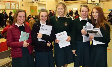  ??  ?? Aoife Clauson, Nicola Dobbs, Aisling Crawte, Niamh McHugh and Emily Redmond at the Careers Night at FCJ Bunclody.