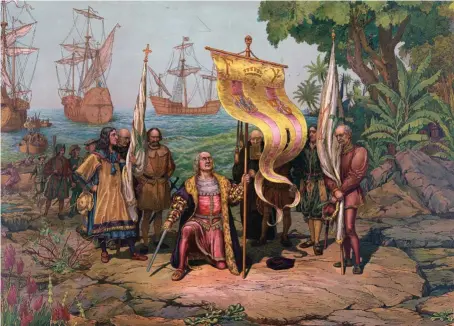  ??  ?? EN TIERRA AMERICANA. Colón y su tripulació­n pisaron América por primera vez el 12 de octubre de 1492. Fue en la isla de Guanahani (Bahamas). A la izquierda, el célebre cuadro de Dióscoro Teófilo Puebla El desembarco de Colón en A mérica (1862).