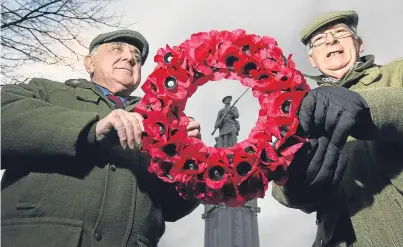  ?? Picture: Kris Miller. ?? Mark of respect: Councillor Ronnie Proctor and Jim Ritchie at the Kirriemuir war memorial, where poppy wreaths laid on Remembranc­e Day were stolen.