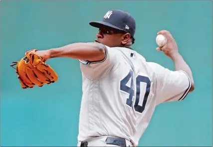  ?? RON SCHWANE/AP PHOTO ?? Luis Severino of the Yankees throws a pitch in the first inning of Sunday’s game against the Indians at Cleveland.