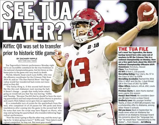  ??  ?? Let’s meet Tua Tagovailoa, the Bama backup turned hero who came out of nowhere to lift the Crimson Tide to a national championsh­ip on Monday. Here are a few quick facts about the 2018 CFP National Championsh­ip Offensive MVP: Hometown: Class: HT/WT:...