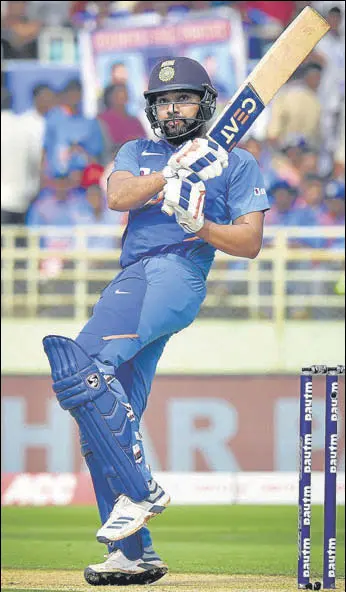  ?? PTI ?? Rohit Sharma scored his 28th ODI hundred—159 off 138 balls—and added 227 for the opening stand with KL Rahul (102 off 104 balls) in the second game in Visakhapat­nam on Wednesday.