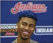  ?? ROSS D. FRANKLIN — THE ASSOCIATED PRESS ?? The Indians’ Francisco Lindor meets with reporters on Feb. 18 in Goodyear, Ariz.