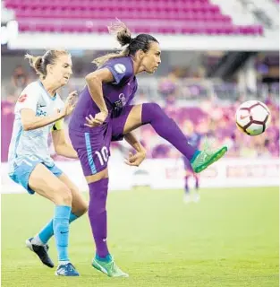  ?? ISI PHOTOS ?? Marta and the Pride managed to salvage a point after rallying for a tie Sunday night against winless Sky Blue FC. The tie, coupled with Portland’s loss to North Carolina, moved Orlando to 3rd in the NWSL table.