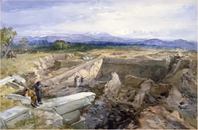  ??  ?? Above: Excavation­s at Hissarlik in a watercolou­r by William Simpson, dispatched by the Illustrate­d London News to meet Heinrich Schliemann in 1877