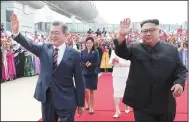  ?? RYU SEUNG-IL/ZUMA ?? South Korean President Moon Joe In, left, and North Korean Leader Kim Jong Un meet for their third summit in Pyeongyang, North Korea, on Tuesday.