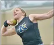  ?? KYLE FRANKO — TRENTONIAN PHOTO ?? Nottingham’s Catalina Holliday competes in the shot put at the Mercer Relays on Saturday morning at Lawrence High.