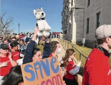  ?? ?? An estimated 700 students, staff and faculty from UConn rallied at the state Capitol Wednesday to fight what UConn says are budget cuts by Gov. Ned Lamont. Lamont contends his proposal does not cut spending on UConn.