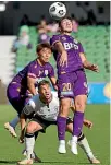  ?? GETTY IMAGES ?? Glory’s Carlo Armiento rises to the ball against Macarthur FC at HBF Park in Perth yesterday.