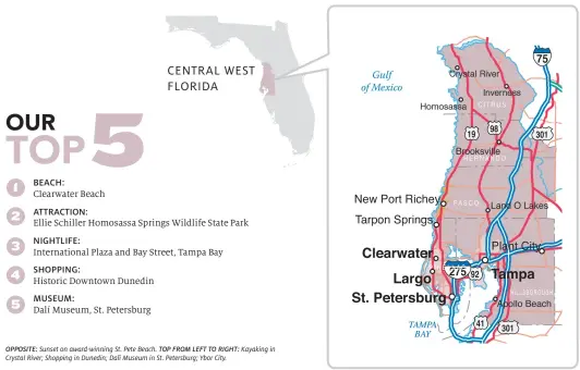  ??  ?? OPPOSITE: Sunset on award-winning St. Pete Beach. TOP FROM LEFT TO RIGHT: Kayaking in Crystal River; Shopping in Dunedin; Dalí Museum in St. Petersburg; Ybor City.