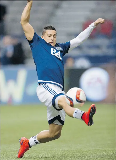  ?? GERRY KAHRMANN/PNG FILES ?? Whitecaps forward Erik Hurtado, seen here at B.C. Place Stadium during warm-ups on Saturday, scored five goals in a five-game run last summer, but has gone dry since.