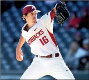  ?? NWA Democrat-Gazette/ANDY SHUPE ?? Arkansas Razorbacks pitcher Blaine Knight allowed 3 runs in 5 innings Friday against Bryant, but the Razorbacks used a 10-run sixth inning to erase a 3-0 deficit and pull out an 11-8 victory in front of a crowd of 6,921 at Baum Stadium in Fayettevil­le.