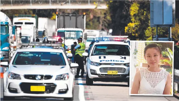  ?? Picture: AAP ?? Police establish a crime scene on the M1 Highway near Mount Kuring-gai in Sydney, after the body of Chinese woman Qi Yu (inset), was discovered nearby.