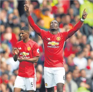  ?? Pictures: Getty/Kim Cessford. ?? Goal celebratio­ns for Manchester United’s Paul Pogba and Marcus Rashford, above, and Gary Fraser of Montrose, right.