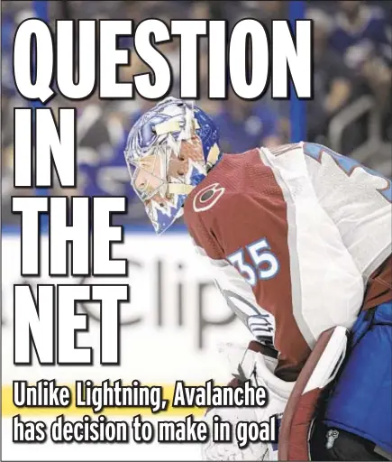  ?? AP ?? Avalanche goaltender Darcy Kuemper gets pulled in Game 3 loss to Lightning, leaving goalie status in question for series.