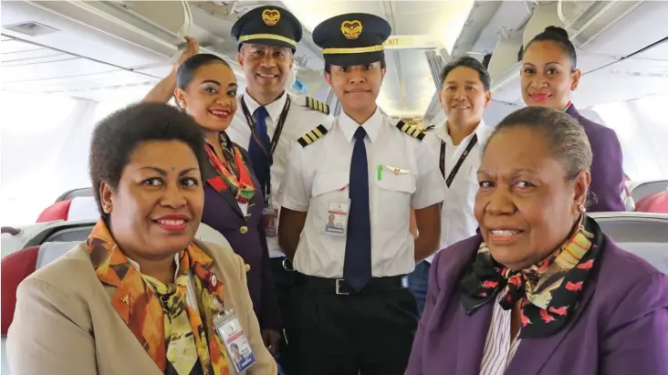  ?? Photo: Air Niugini ?? Air Niugini tech and cabin crew that operated PX 086, a first direct flight from Port Moresby to Nadi, on a Boeing 737 aircraft. From left: Purser Florence Subam, Cabin crew Sheryl Marjen, Captain Navaulioni Ravai, First Officer Bernice Watinga, Flight Engineer Yam Demosthene­s Raniel, Cabin Crew Vicky Tarube and Olga Apelis.