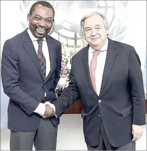  ?? ( Courtesy pic) ?? United Nations Secretary General António Guterres ( right) meets ICC President Judge Chile Eboe- Osuji. The ICC is an independen­t court which is not a member of the UN, but it has a cooperatio­n agreement with the world’s largest body.