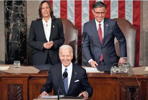  ?? AP
Capitol on Thursday ?? President Joe Biden delivers the State of the Union address to a joint session of Congress at the U.S. in Washington, as Vice President Kamala Harris and House Speaker Mike Johnson watch.