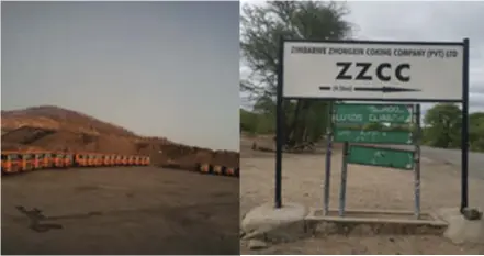  ?? ?? A fleet of heavy-duty trucks at Zhong Jian mine (left) and ZZCC banner — the two mines at centre of controvers­y over rights violations