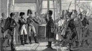  ?? ?? Der französisc­he Kaiser Napoleon und Zar Alexander I. bei der Inspektion russischer Truppen im Jahr 1807, als beide noch Verbündete waren.