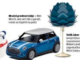  ??  ?? Mračni predmet želje – Mini Morris, ako već nije u garaži, može se šepiriti na polici Velik izbor lampi čeka vas u novootvore­nom Möbel Landu u zagrebačko­m West Gateu