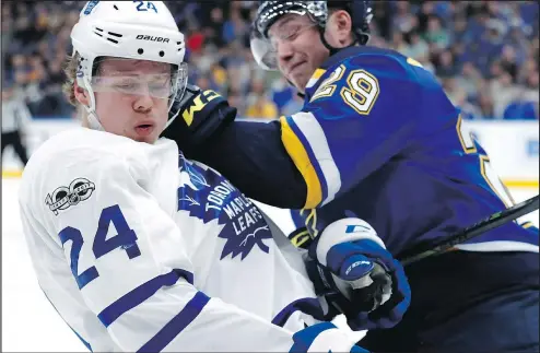  ?? JEFF ROBERSON/THE CANADIAN PRESS ?? Blues’ Vince Dunn (right) pushes Maple Leafs’ Kasperi Kapanen. Kapanen isn’t looking out of place playing for the big club.