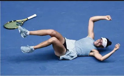  ?? ANDY BROWNBILL AP ?? American Jennifer Brady falls in celebratio­n after perseverin­g in an 18-point final game to defeat Karolina Muchova 6-4, 3-6, 6-4 in the semifinals. She will play in a Grand Slam final for the first time against Naomi Osaka early Saturday.