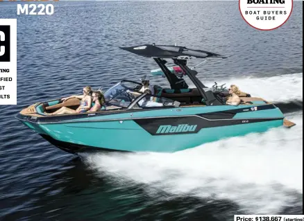  ??  ?? Price: $138,667 (starting)
SPECS: LOA: 23'0" BEAM: 8'6" DRAFT (MAX): 2'8" DRY WEIGHT: 5,400 lb. BALLAST: 5,160 lb. (with Power Wedge III deployed) SEAT/WEIGHT CAPACITY: 15/2,115 lb. FUEL CAPACITY: 79 gal. HOW WE TESTED: ENGINE: Malibu Monsoon M6Di DRIVE/PROP: V-drive/Acme 1773 17" x 14" 4-blade nibral GEAR RATIO: 2.00:1 FUEL LOAD: 45 gal. CREW WEIGHT: 360 lb.