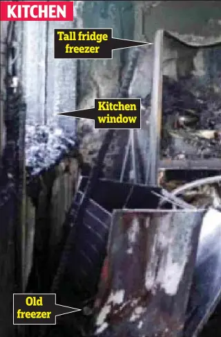  ??  ?? Devastatio­n: The twisted remains of appliances in the kitchen where the