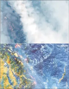  ?? — AFP photo ?? This combinatio­n of handout satellite images released by Maxar Technologi­es created, shows a large area covered in thick smoke (top) and the same area seen by high-resolution shortwave infrared (SWIR) satellite (bottom) showing burned vegetation appearing in a rust/orange colour while healthy vegetation appears in shades of blue and active fires from the CZU Lightning Complex Wildfire burning glow orange/yellow in the Santa Cruz mountains, California.
