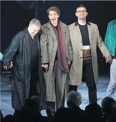  ?? — THE ASSOCIATED PRESS FILES ?? From left, Nathan Lane, Andrew Garfield and James McArdle star in the Broadway revival of Angels in America. Garfield applauds the two-part marathon play’s tentative but ‘dogged’ and life-affirming optimism.