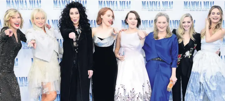  ?? IAN WEST ?? Alexa Davies, fourth from right, with fellow stars, from left, Christine Baranski, Judy Craymer, Cher, Jessica Keenan Wynn, Meryl Streep, Amanda Seyfried and Lily James at the premiere of Mamma Mia! Here We Go Again held at the Eventim Hammersmit­h...