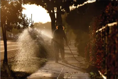  ?? PHOTOS BY RAY CHAVEZ — BAY AREA NEWS GROUP ?? A person cleans the sidewalk and waters the lawn in the front yard of a house in Alameda on Tuesday, May 4.