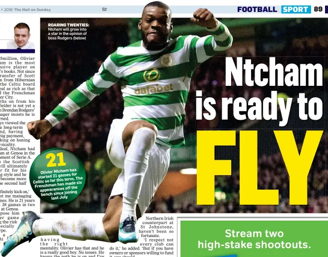  ??  ?? ROARING TWENTIES: Ntcham will grow into a star in the opinion of boss Rodgers (below)