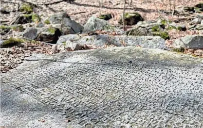  ?? SARAH BARNACLE/WORCESTER TELEGRAM & GAZETTE ?? Deed Rock, located on the forest floor in God’s Acre in Worcester.